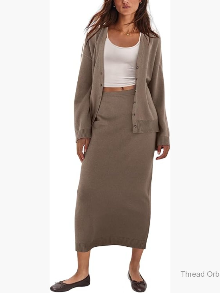 2 Piece Sweater Skirt Set, V-Neck Cardigan And Maxi Skirt, Fall Lounge Wear